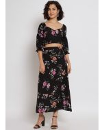 Black Printed Skirt Set In Crape