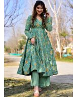 Green Readymade Digital Printed Anarkali Kurta In Cotton