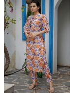 White Floral Print Kurta Set In Cotton