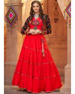 Red Embroidered Navratri Skirt Set & Jacket