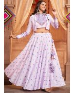 White Printed Navratri Skirt Set In Cotton