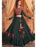 Green Embroidered Jacket Style Navratri Skirt Set