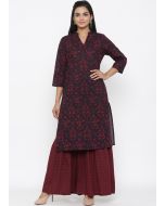 Black Floral Print Kurta Set In Cotton