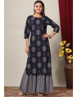 Navy Blue Floral Printed Kurta & Sharara