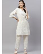 Beige Chikankari Embroidered Kurta Set