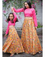 Pink Readymade Skirt Set For Mother & Daughter In Art Silk