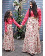 Red Readymade Art Silk Skirt Set For Mother & Daughter