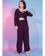 Purple Embellished Jacket Style Co-Ord Set