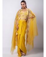 Yellow Embroidered Skirt Set With Jacket