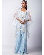 Blue Embroidered Kurta Set With Jacket