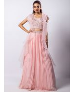 Pink Embroidered Skirt Set In Chiffon