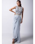 Grey Embroidered Skirt Set In Crape