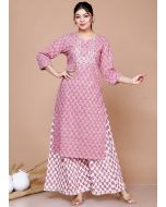 Pink Floral Print Cotton Kurta & Palazzo