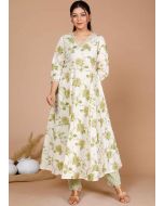 Off White Floral Print Kurta Set In Cotton