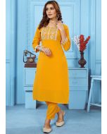 Yellow Embroidered Cotton Kurta Pant Set