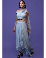 Blue Readymade Crop Top & Draped Skirt Set