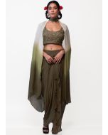 Green Embroidered Georgette Draped Skirt Set