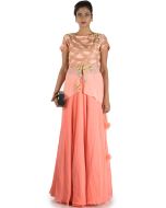 Peach Georgette Asymmetric Kurta With Skirt