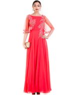 Coral Red Gown With Half Embroidered Cape