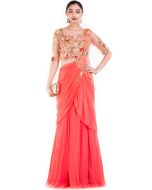 Indian Gown: Buy Orange Heavily Embroidered Saree Style Indo Western Gown