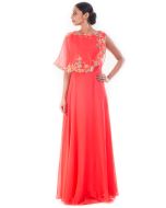 Peach Georgette Gown With Attached Cape