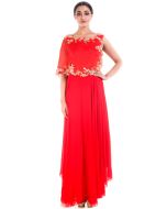 Bright Red Flared Gown With Attached Half Cape