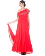 Red One Shoulder Embroidered Gown With Trail