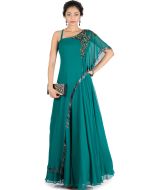 Teal Green Asymmetric Cape Style Gown 