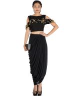 Black Georgette Crop Top With Cowled Skirt