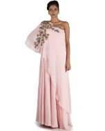 Pastel Pink Georgette One Shoulder Cape Style Gown 