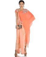 Peach Asymmetric Cape With Draped Skirt