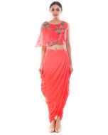 Peach Raw Silk Crop Top With Skirt