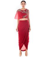 Maroon Raw Silk Crop Top With Skirt