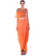 Orange Raw Silk Crop Top With Skirt