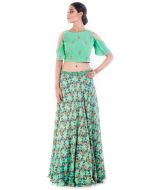 Green Embroidered Crop Top With Printed Skirt