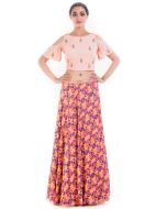 Peach Embroidered Crop Top With Printed Skirt