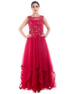 Maroon Embroidered Net Flared Princess Gown