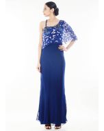 Blue Georgette & Net Gown With Attached Cape