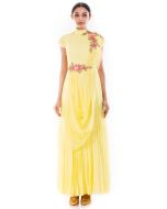 Yellow Hand Embroidered Gown With Attached Dupatta