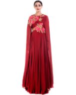 Maroon Cape Style Embroidered Gown