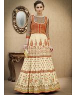 Cream Colored Digital Printed Banarasi Silk Indian Gown