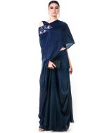 Navy Blue Satin Skirt With Asymmetric Cape