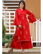 Red Bell Sleeved Block Print Kurta Palazzo Set