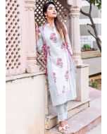 White Block Printed Straight Cut Kurta Pant Set