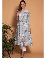 Blue Floral Printed Kurta Set In Rayon