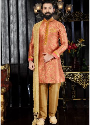 Readymade Golden Jacquard Sherwani with Stole