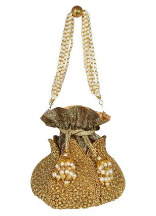 Pearl Embellished Golden Art Silk Potli Bag