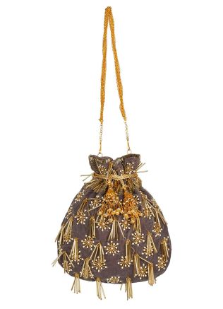 Pearl Embellished Grey Fringed Potli Bag