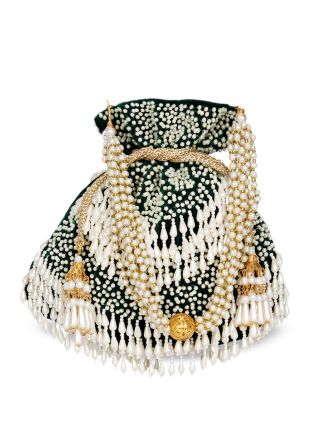 Pearl Embellished Green Velvet Potli Pouch