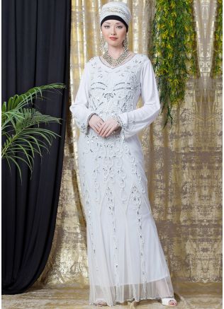 Readymade Embroidered Twin Layered White Abaya